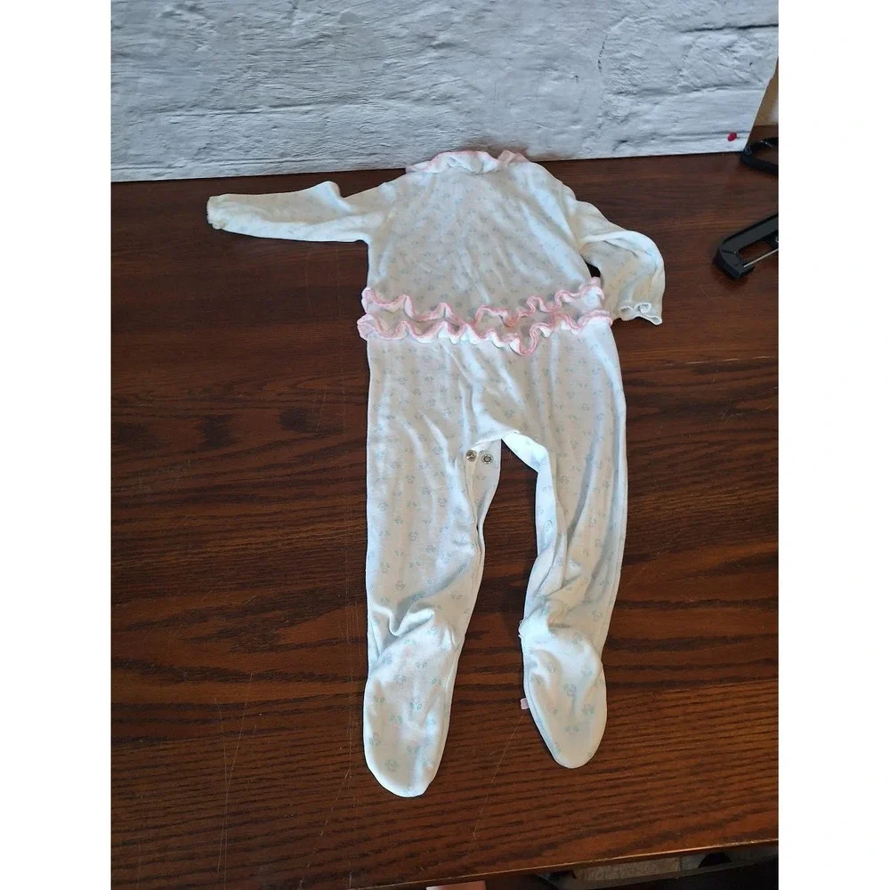 Baby Girls White Floral Footed Sleeper Ruffle Collar Pink Bows One Piece Pajamas